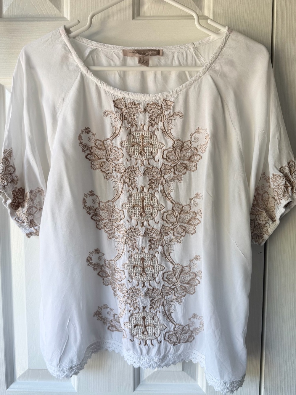 Forever 21 White Tunic with Beige Floral Embroidery